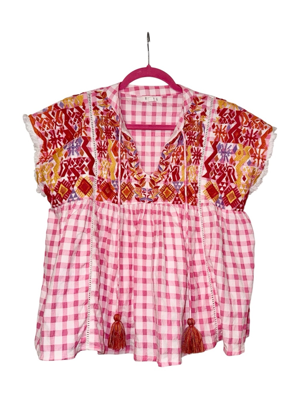 THML Pink Multi Color Gingham Embroidered Peasant Blouse, size XS, like new/euc